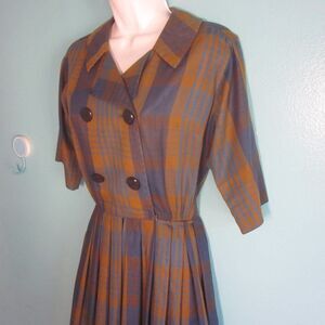 Vintage 50's Dress Serbin of Florida Muriel Ryan Fits Size M Blue Green Plaid